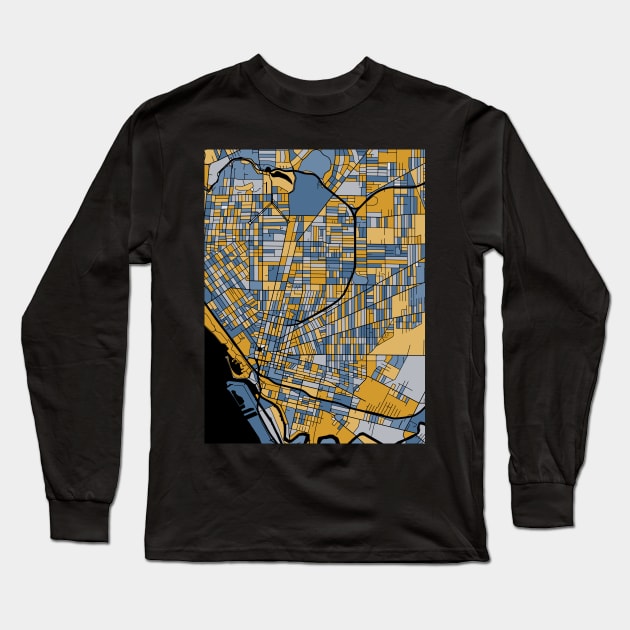 Buffalo Map Pattern in Blue & Gold Long Sleeve T-Shirt by PatternMaps